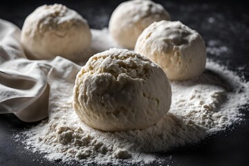 Fototapeta premium A ball of pizza dough on flour with a black background, highlighting texture and simplicity.