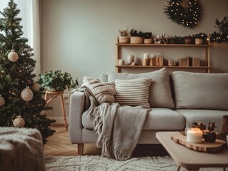 Fototapeta premium Cozy Living Room Christmas Decorated With Tree And Sofa