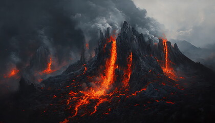 An active volcano belches smoke and molten red lava in an eruption.
