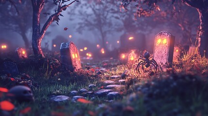 Fototapeta premium A Spider Crawls Near Glowing Gravestones in a Foggy Forest