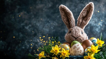 Fototapeta premium Easter bunny ears on velvet with chocolate eggs and daffodils, evoking a festive yet elegant spring celebration.
