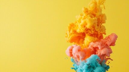 Unleashing Creativity Through Ideas and Experimentation, Vibrant colorful smoke plumes rising against a yellow backdrop, creating a dynamic and artistic effect.