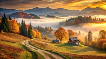 Serene Autumnal Landscape Misty Valley, Winding Road, and Rustic Cottages Basking in Golden Sunrise