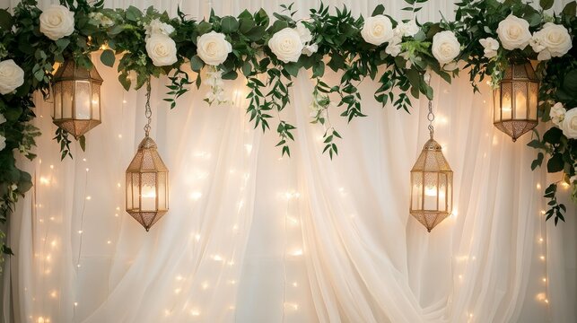 Premium wedding decor setup, artistic white canvas display, asymmetrical white rose garland, gilded moroccan lanterns, draped fabric background, fairy light ambiance, lush green foliage details