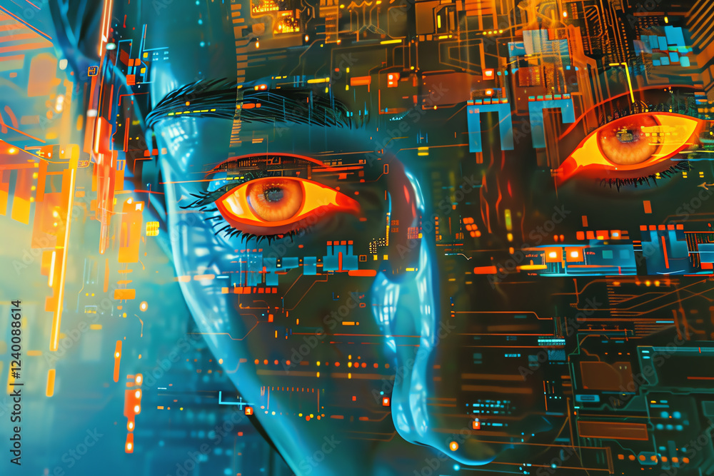 Poster merge high-angle perspectives of futuristic technologies with psychological concepts through pixel a