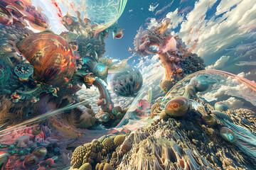 Merge the realms of fantasy and technology in a digital artwork featuring mystical creatures Experiment with unconventional camera angles, such as a worms-eye view, to infuse the scene with an element