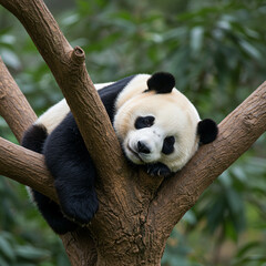 Obraz premium Adorable Panda Sleeping in Tree Peaceful Wildlife Photo