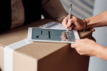 Hands, delivery man and signature on tablet by door, courier service and invoice for shipment order. Clipboard, person and ecommerce distribution for commercial export, box and screen for logistics