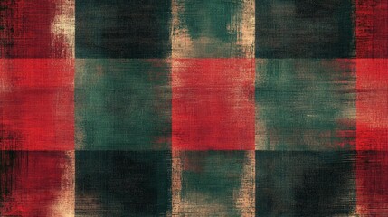 Rustic holiday plaid texture, deep red and hunter green squares, distressed woven pattern, vintage fabric appearance, traditional Scottish tartan, textural festive background, timeworn textile design