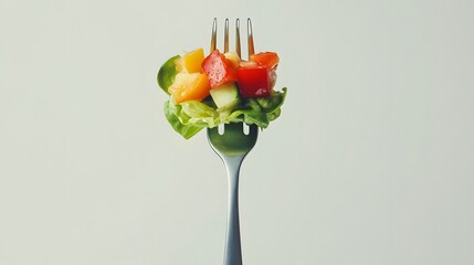 A fork holds a fresh vegetable salad