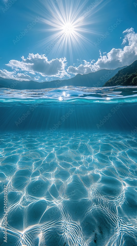 Poster sunlit sky and clear water split view showing mountains and underwater light patterns