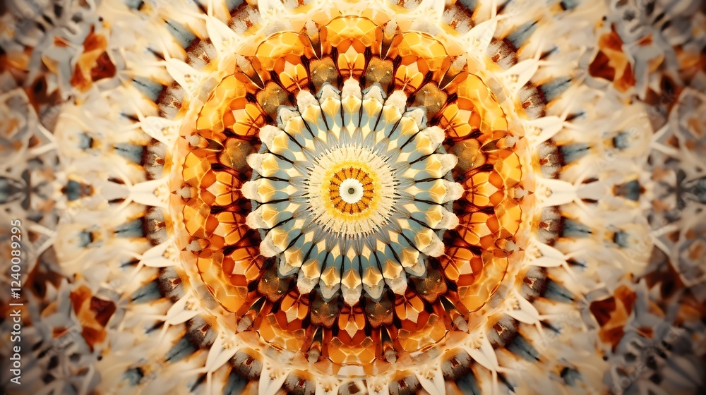 Poster visually captivating mandala patterns with intricate symmetry depicting a harmonious spiritual and m