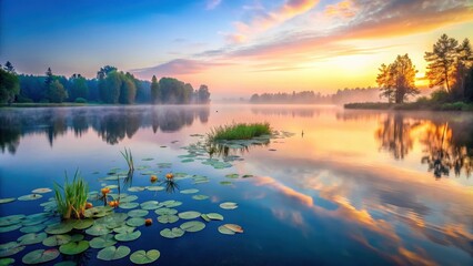 Fototapeta premium Serene sunrise over a tranquil lake, reflecting vibrant colors and mist-shrouded trees, with water lilies adding to the idyllic scene