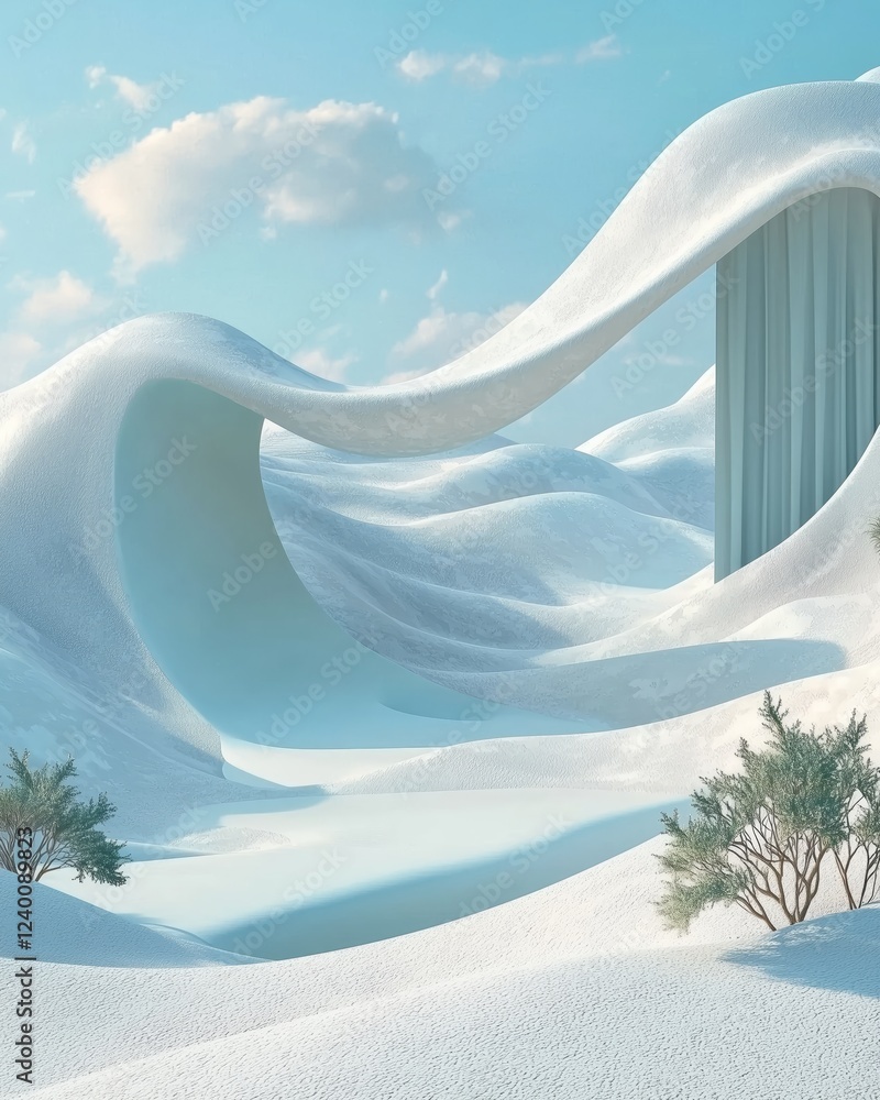 Poster serene abstract snowy landscape with flowing curves and structures