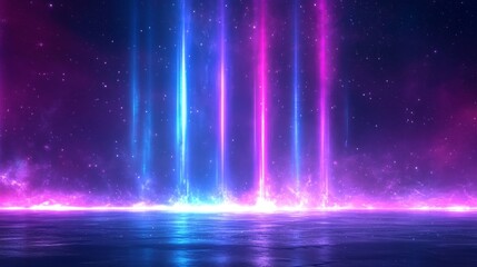 Sci-fi vertical light pillars, electric blue to purple spectrum, stellar dust particles, luminous ground plane, radiant energy flow, digital aurora effect, abstract technological landscape, vivid