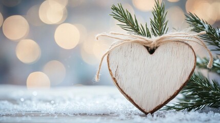 Natural Christmas decoration, unfinished wood heart, jute string tie, evergreen needle framing, delicate snow crystals, soft bokeh effect, artisanal holiday styling, winter nature composition