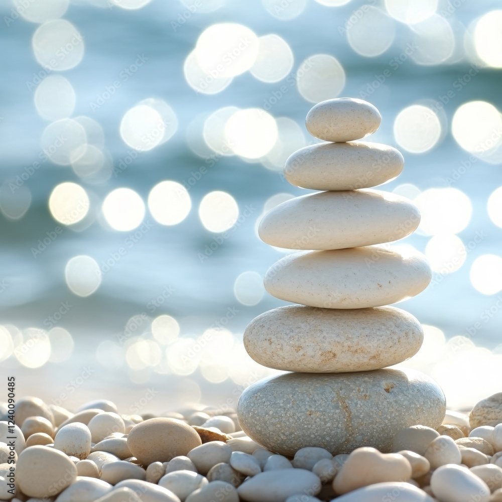 Aufkleber stacked stones on beach with bokeh effect creating a peaceful and serene atmosphere
