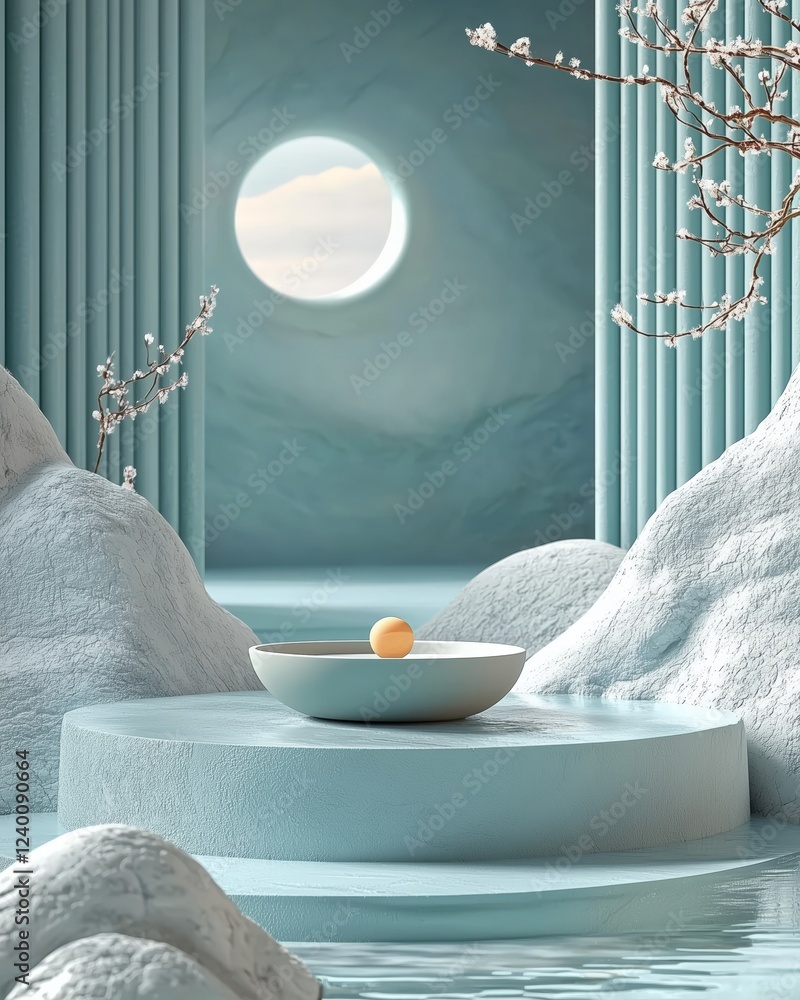 Poster tranquil minimalist scene with bowl and floating object in nature