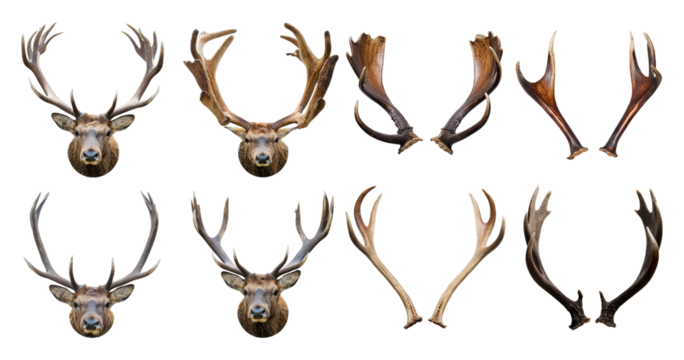 Various Antlers Displayed in Unique Arrangements on White Background, isolated on transparent background