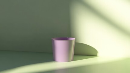 Lilac cup, sunlit corner, green background, product display