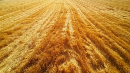 Aerial view of a harvested golden wheat field.