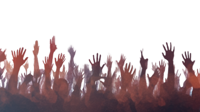 crowd of people celebrating with raising hands isolated on white background 