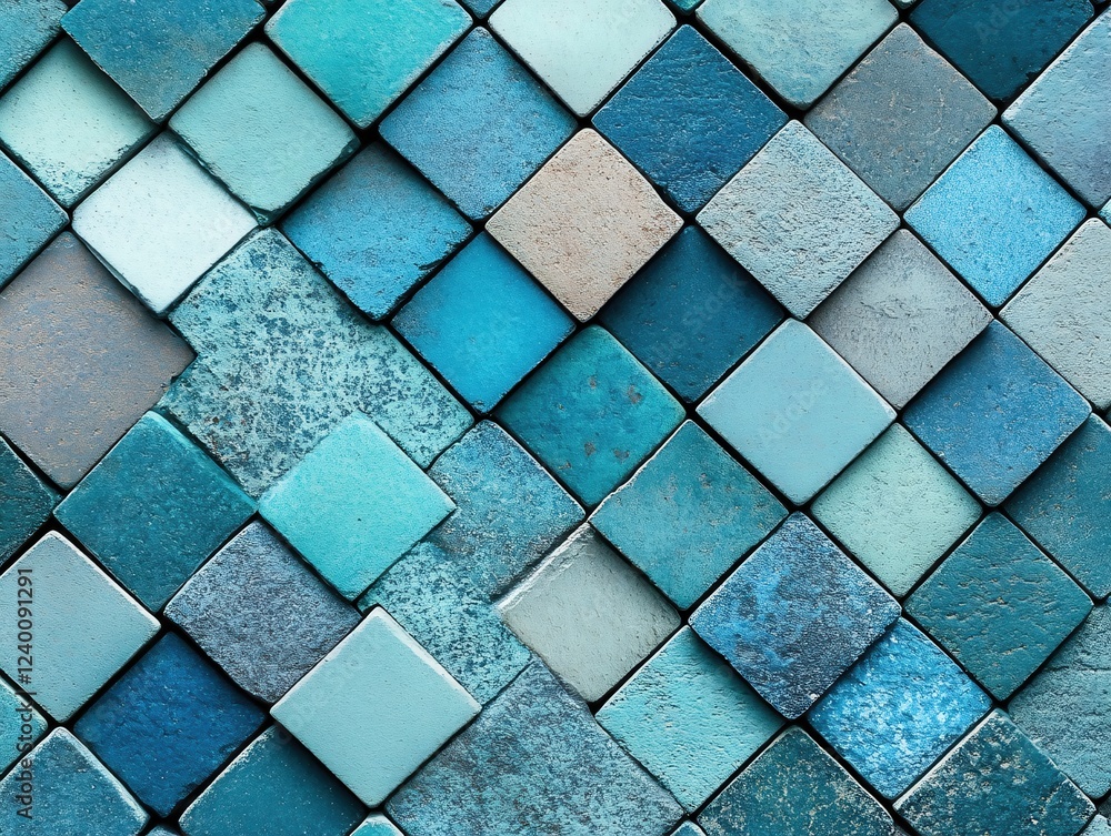 Poster textured blue and beige square tiles arranged in a diagonal pattern creating a modern background