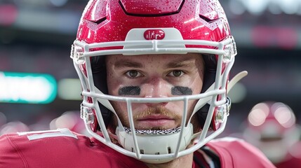 Football player portrait, game night, stadium background, sports media