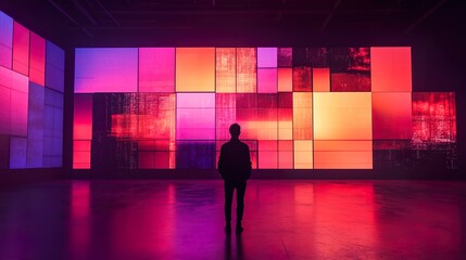 Fototapeta premium Giant multimedia wall with abstract digital screens, gradient lighting, and futuristic minimalism, symbolizing the fusion of technology and design.