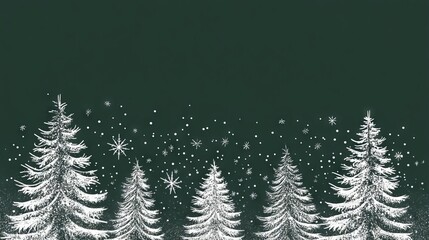 Obraz premium Dotted Christmas tree border, white speckled pine forest, emerald dark backdrop, linear winter landscape, delicate snow particle detail, frosted conifer illustration, monochromatic tree silhouettes