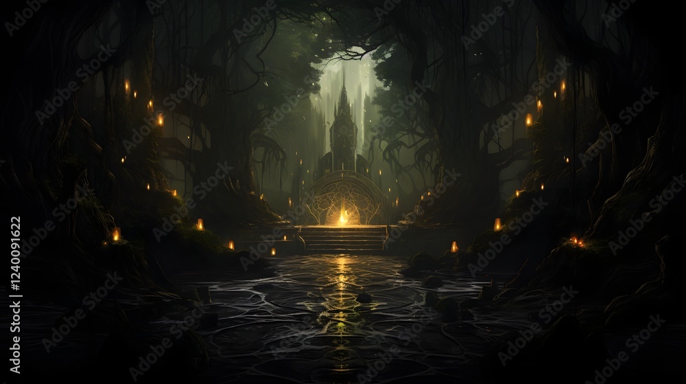Poster a captivating and ethereal landscape depicting a glowing pathway winding through a dark and mysterio