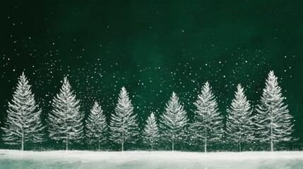 Obraz premium Linear forest composition, stippled snow effect, emerald night background, white dotted pine trees, winter landscape border, minimal holiday illustration, crystallized tree silhouettes, elegant