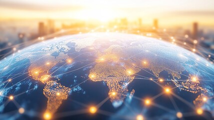 Global business network with glowing nodes and lines, symbolizing modern corporate connectivity and innovation.