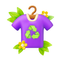 Cloth recycle vector 3d icon. Purple cartoon t-shirt with green arrows symbol on hanger. Responsible sustainable fashion concept isolated
