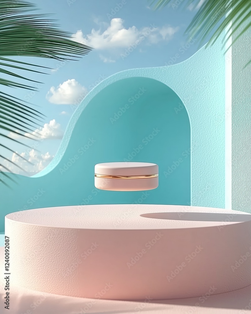 Poster minimalist product display with floating cosmetic container concept