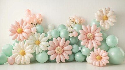 Obraz premium Pastel balloon flower composition, daisy shaped arrangements, seafoam green and pink blooms, white wall backdrop, cheerful party installation, whimsical celebration decor, feminine event styling