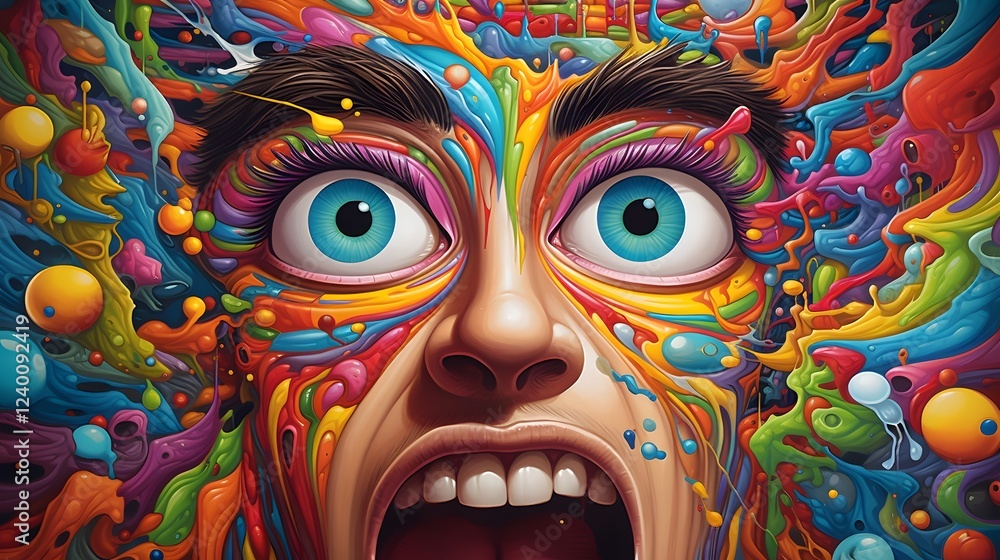 Poster an abstract depicting an overwhelming mental state with a dynamic flow of vibrant colors shapes and 