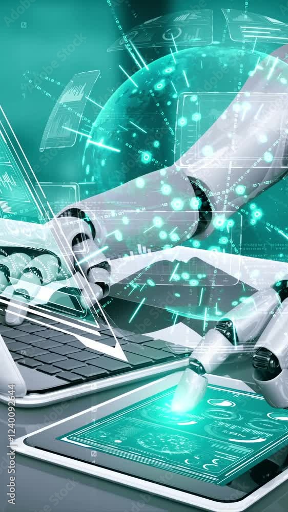 Poster robot hominoid use laptop and sit at table for big data analytic using ai thinking brain , artificia