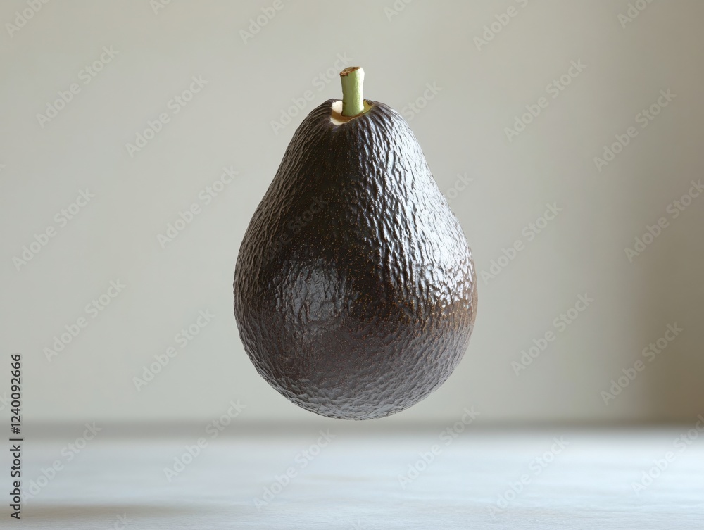 Poster single dark avocado floating against a soft gray background with subtle lighting and texture