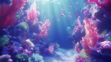Fototapeta premium Vibrant Underwater Scene with Coral Reef and Pink Fish
