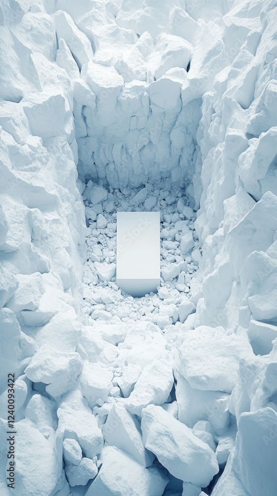 Poster a minimalist scene featuring a rectangular object surrounded by an icy landscape of snow and rocks, 