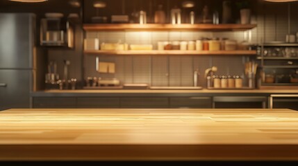 Empty Wooden kitchen counter top with kitchen equipment in the background