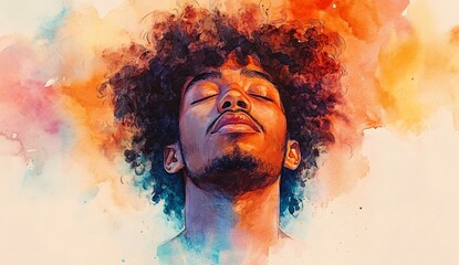 A vibrant watercolor portrait of a young man, perfect for Black History Month celebrations, art events, or promoting cultural representation and introspection.