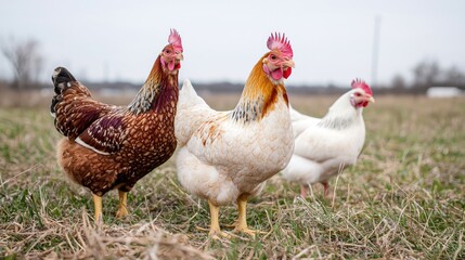 Fototapeta premium Three hens foraging in a rural field; springtime