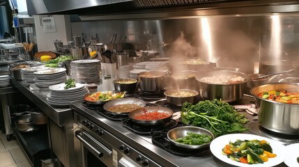 Professional kitchen with stainless steel appliances with an open stove and various pots on top of it
