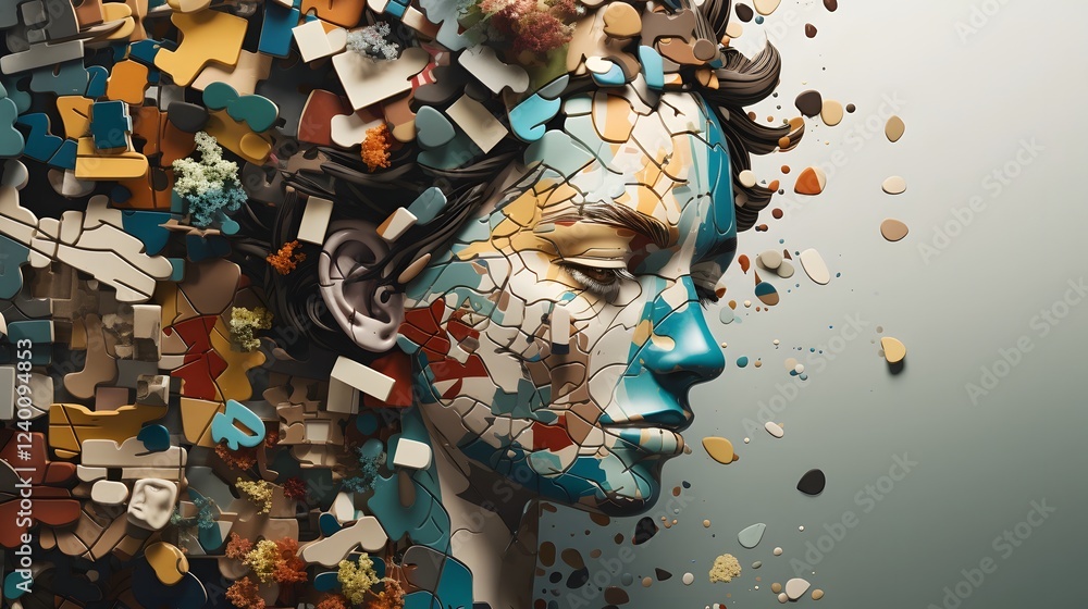 Poster representation of a fragmented puzzle like mind with various pieces coming together to form a cohesi