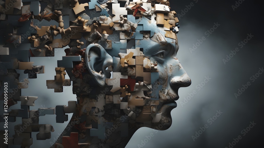 Poster an and conceptual representation of a fractured and fragmented mind with colorful puzzle pieces fitt
