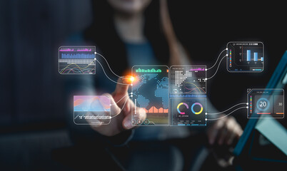 A person interacts with digital data visualizations, showcasing graphs and charts in a modern, tech-driven environment.