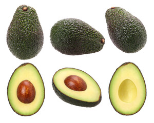 Ripe Hass avocado and Avocado cut in half isolated, transparent PNG, PNG format, collection, set