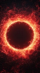 Fototapeta premium A glowing, fiery circle on a dark background, resembling an abstract representation of a solar eclipse or cosmic phenomenon.